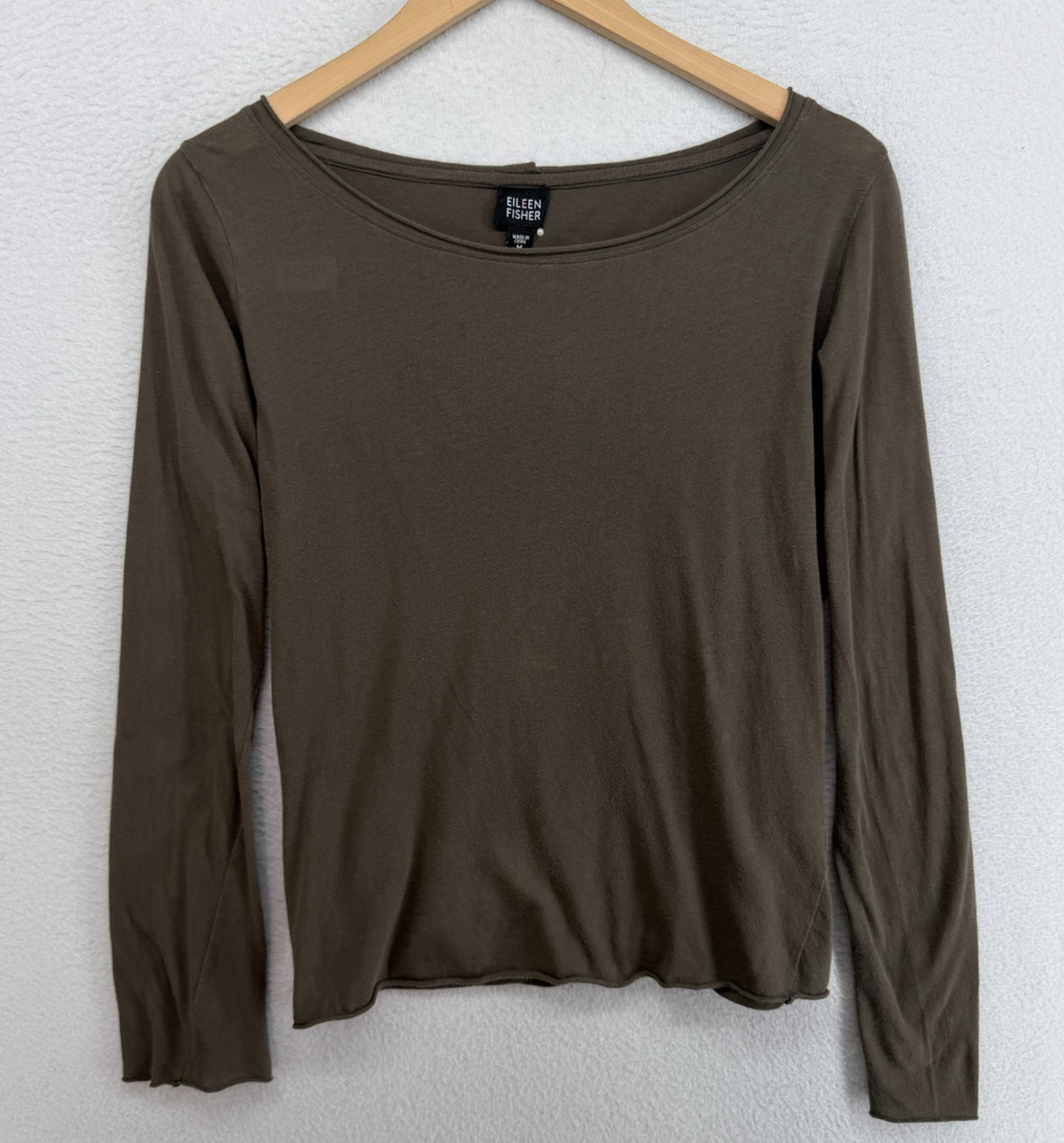EILEEN FISHER Top M Cotton Fine Jersey Boat Neck Raw Hems Long Sleeve Brown